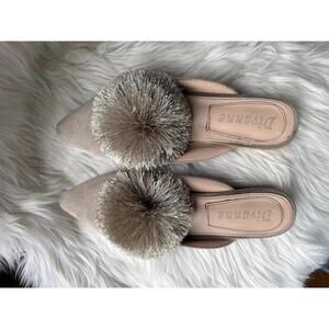 Divanne Beige Suede Pointed Toe Slip-On Flats with Pom-Pom Detail
